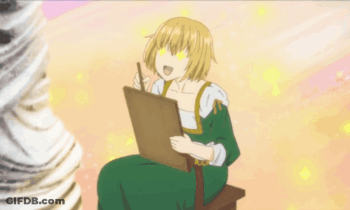 A Girl In A Green Dress Is Sitting On A Stool Holding A Pencil And A Piece Of Paper GIF