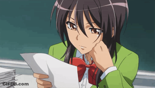 A Girl In A Green Jacket With A Red Bow Tie Is Reading A Piece Of Paper GIF