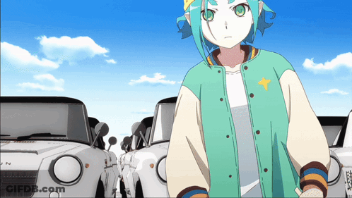 A Girl In A Green Jacket With A Star On Her Chest Stands In Front Of A Row Of White Cars GIF