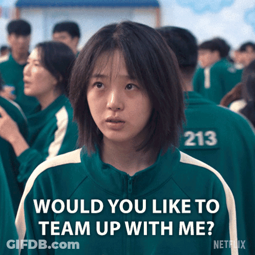A Girl In A Green Jacket With The Number 213 On Her Back Says Would You Like To Team Up With Me GIF