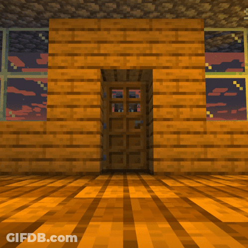 A Girl In A Green Sweater Is Standing In Front Of A Wooden Door GIF