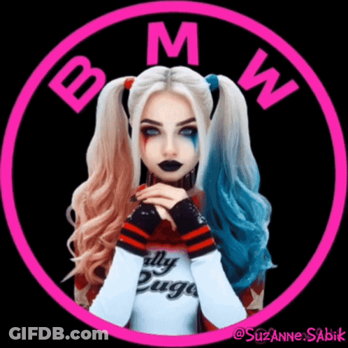 A Girl In A Harley Quinn Costume Is In A Pink Bmw Logo GIF