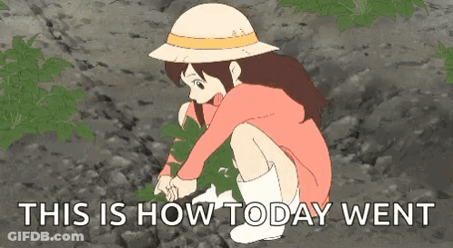 A Girl In A Hat Is Kneeling Down In The Dirt With The Words `` This Is How Today Went '' Above Her . GIF