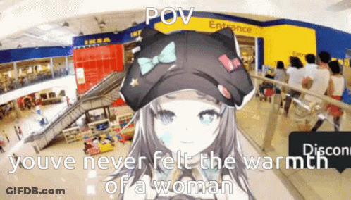 A Girl In A Hat Is Standing In Front Of A Ikea Store GIF