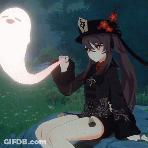 A Girl In A Hat With The Letter R On It Is Sitting Next To A Ghost GIF