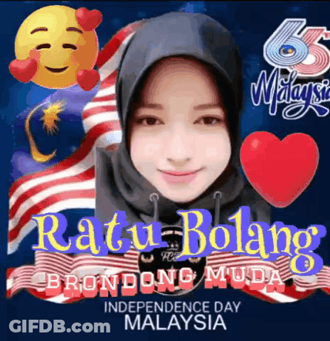 A Girl In A Hijab Is Surrounded By Hearts And The Words Ratu Bolang GIF