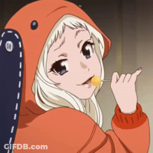A Girl In A Hoodie Is Licking A Lollipop . GIF