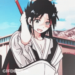 A Girl In A Kimono Is Holding A Stick In Her Hand GIF