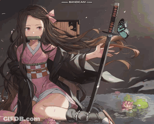A Girl In A Kimono Is Holding A Sword In Front Of A Butterfly And The Website Www.bandicam.com GIF