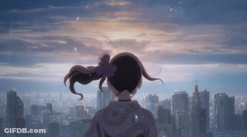 A Girl In A Kimono Is Looking Out Over A City GIF