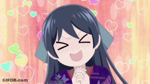 A Girl In A Kimono Is Making A Funny Face With Hearts Around Her GIF