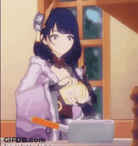 A Girl In A Kimono Is Standing In Front Of A Window Cooking . GIF