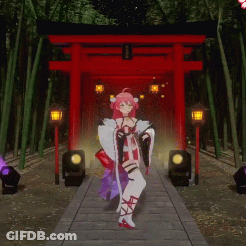 A Girl In A Kimono Stands In Front Of A Torii Gate GIF