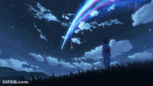 A Girl In A Kimono Stands In The Grass Watching A Star Shine In The Night Sky GIF