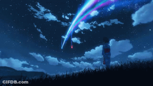 A Girl In A Kimono Stands In The Grass Watching A Star Shine Through The Night Sky GIF
