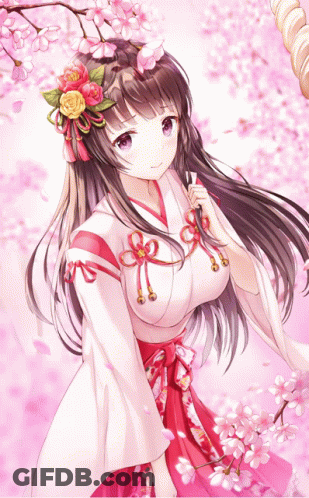 A Girl In A Kimono With Flowers In Her Hair Is Surrounded By Cherry Blossoms GIF