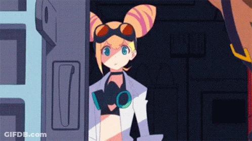 A Girl In A Lab Coat And Goggles Is Standing Next To A Door In A Dark Room . GIF