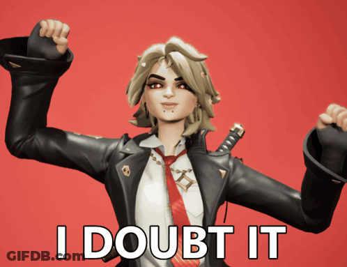 A Girl In A Leather Jacket And Tie Says I Doubt It On A Red Background GIF