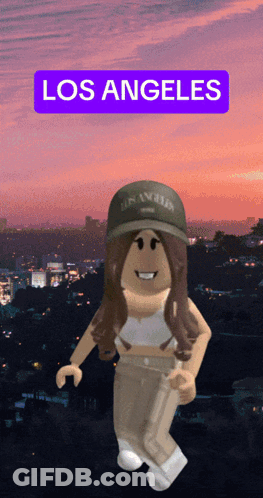 A Girl In A Los Angeles Hat Is Standing In Front Of A City GIF