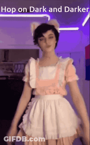 A Girl In A Maid Costume Is Dancing With The Words Hop On Dark And Darker Above Her GIF