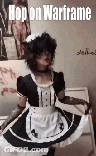 A Girl In A Maid Costume Is Dancing With The Words Hop On Warframe Behind Her GIF