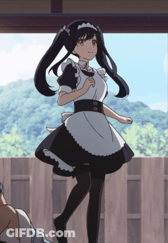 A Girl In A Maid Costume Is Standing In Front Of A Wooden Fence GIF