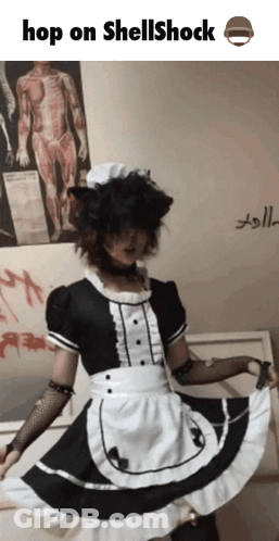 A Girl In A Maid Costume With The Words Hop On Shellshock Written Above Her GIF