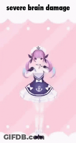 A Girl In A Maid Dress Is Standing On A Pink Background With The Words `` Severe Brain Damage '' . GIF