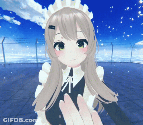 A Girl In A Maid Outfit Holds Someone 'S Hand In Front Of A Fence GIF
