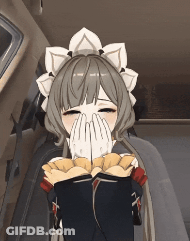 A Girl In A Maid Outfit Is Covering Her Face With Her Hands While Holding A Bag Of Chips GIF
