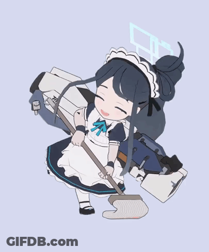 A Girl In A Maid Outfit Is Holding A Broom And Smiling GIF