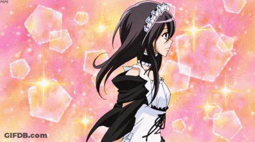 A Girl In A Maid Outfit Is Standing In Front Of A Pink Background With Pepe Written On The Bottom GIF