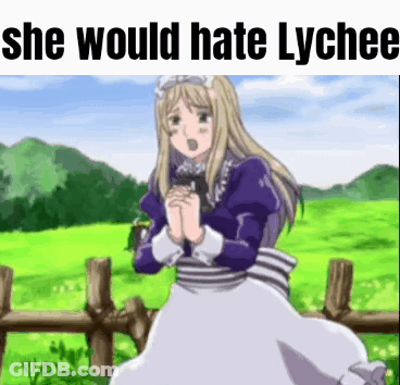 A Girl In A Maid Outfit Is Standing In Front Of A Wooden Fence With The Words She Would Hate Lychee . GIF