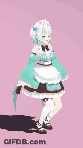 A Girl In A Maid Outfit Is Standing On A Pink Background GIF
