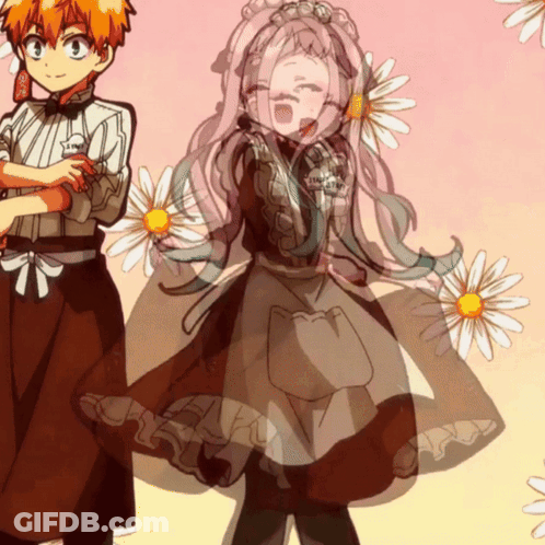 A Girl In A Maid Outfit Is Surrounded By Daisies And A Boy In A Bow Tie With The Letter O On His Shirt GIF