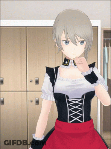 A Girl In A Maid Outfit Stands In Front Of A Row Of Lockers GIF
