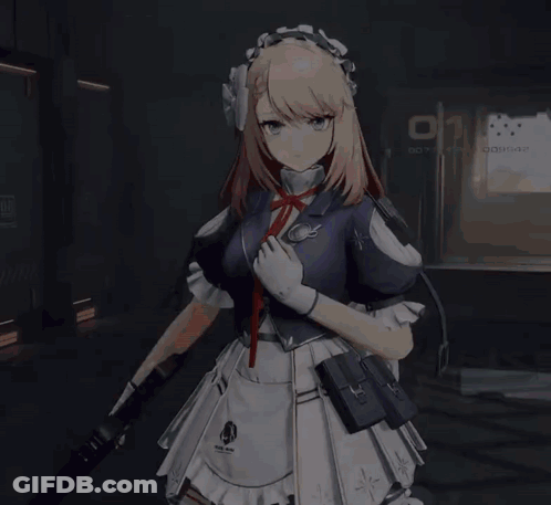 A Girl In A Maid Outfit Stands In Front Of A Sign That Says D11 On It GIF
