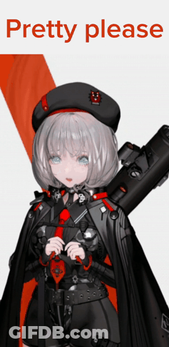 A Girl In A Military Uniform Is Holding A Gun And Says " Pretty Please " On The Bottom GIF