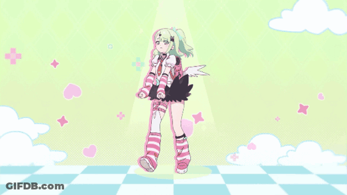 A Girl In A Pink And Black Outfit Is Standing In Front Of A Checkered Floor GIF