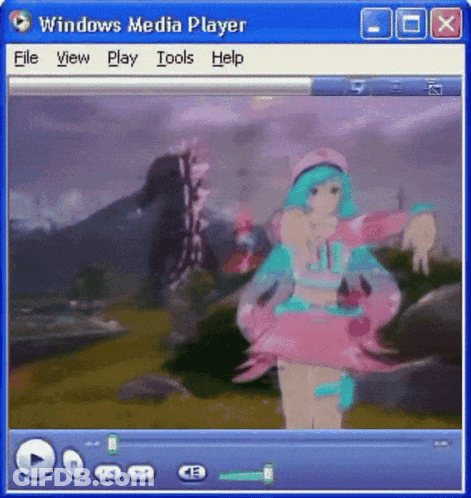 A Girl In A Pink And Blue Outfit Is Playing A Video Game In A Windows Media Player GIF