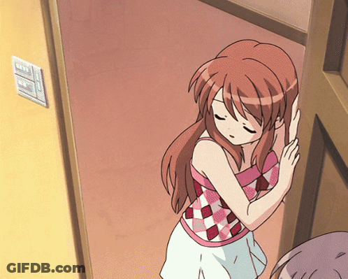 A Girl In A Pink And White Checkered Top Is Standing In A Doorway With Her Eyes Closed GIF