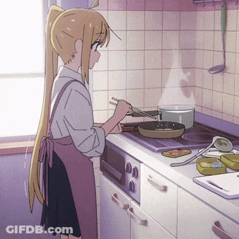 A Girl In A Pink Apron Is Cooking On A Stove With Chopsticks GIF