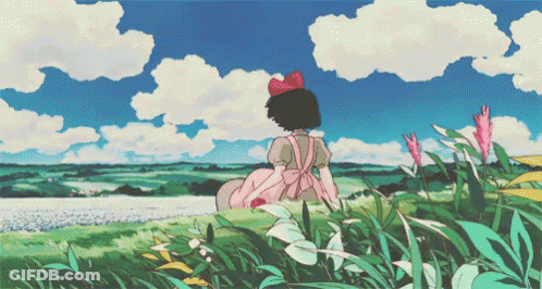 A Girl In A Pink Apron Is Sitting In A Field Looking At The Sky GIF