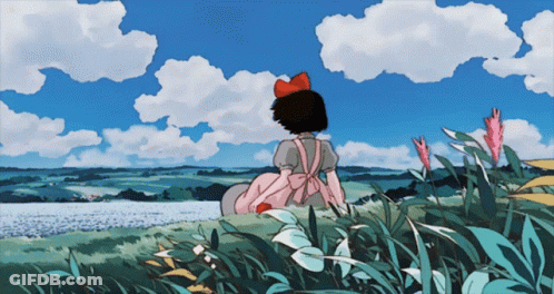 Girl In Pink Apron Sitting In Field Looking At Water GIF