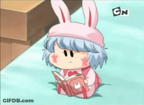 A Girl In A Pink Bunny Hat Is Reading A Book With Cn On The Bottom Right GIF