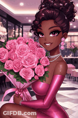 A Girl In A Pink Dress Holding A Bouquet Of Pink Roses GIF