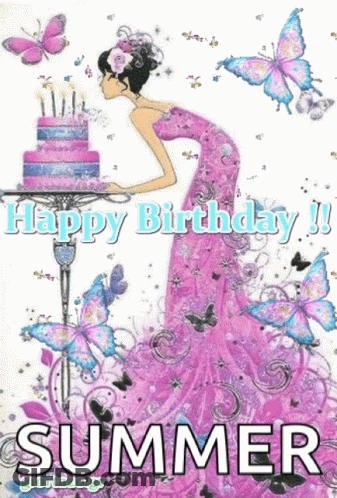 A Girl In A Pink Dress Is Blowing Out Candles On A Birthday Cake Surrounded By Butterflies .. GIF