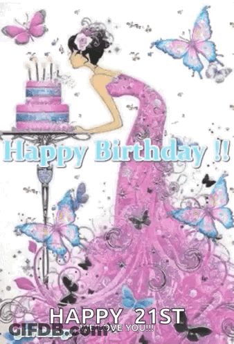 A Girl In A Pink Dress Is Blowing Out Candles On A Birthday Cake Surrounded By Butterflies . GIF