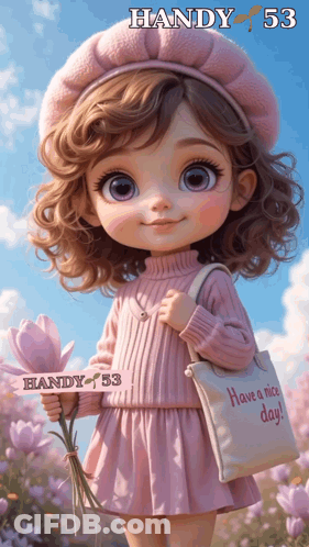 A Girl In A Pink Dress Is Holding A Bouquet Of Flowers And A Bag That Says Have A Nice Day GIF