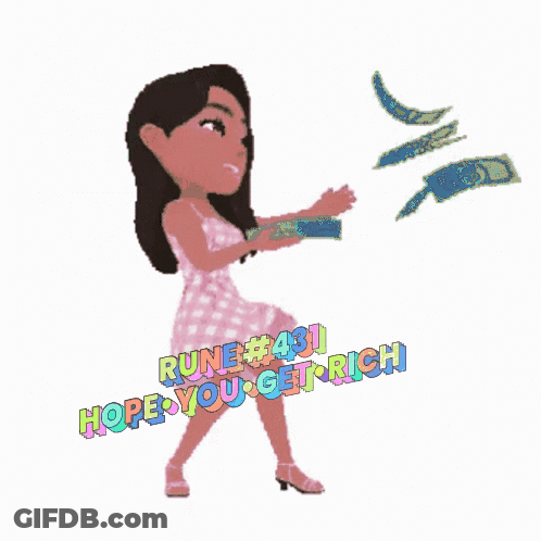 A Girl In A Pink Dress Is Holding A Bunch Of Money With The Words Rune # 431 Hope You Get Rich Below Her GIF